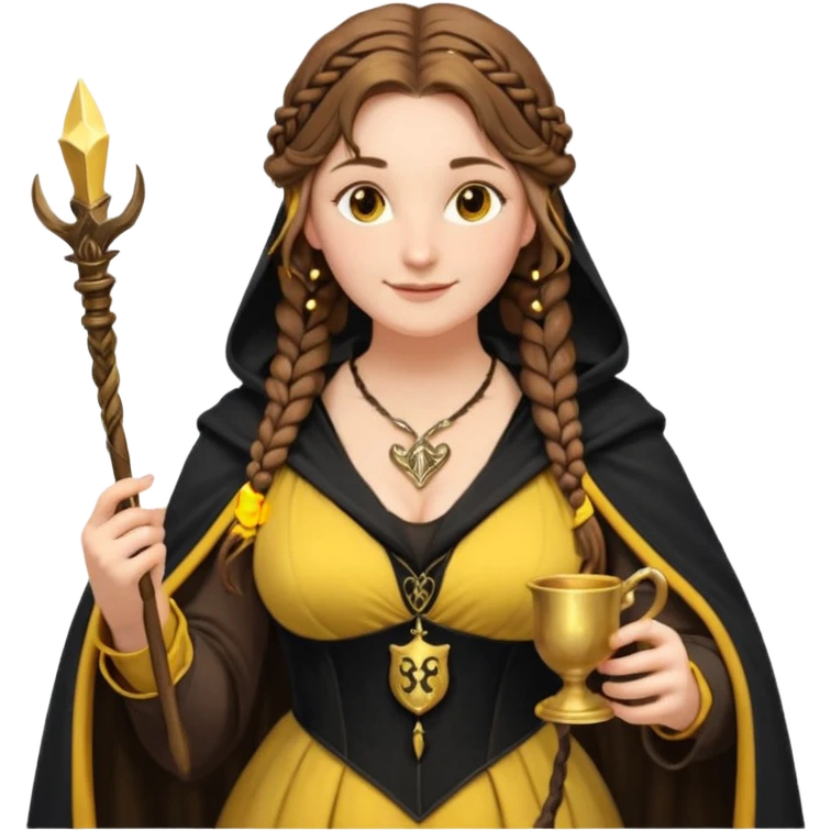 Helga Hufflepuff, brown-haired, 2 long brown braids, yellow-black medieval dress, deep neckline, black cloak decorated with gold braiding, small magic wand made of wood, tiny two-handled shiny yellow-gold cup, very kind smile, curvy busty sweet woman, macromastia, thick round rosy cheeks emoji