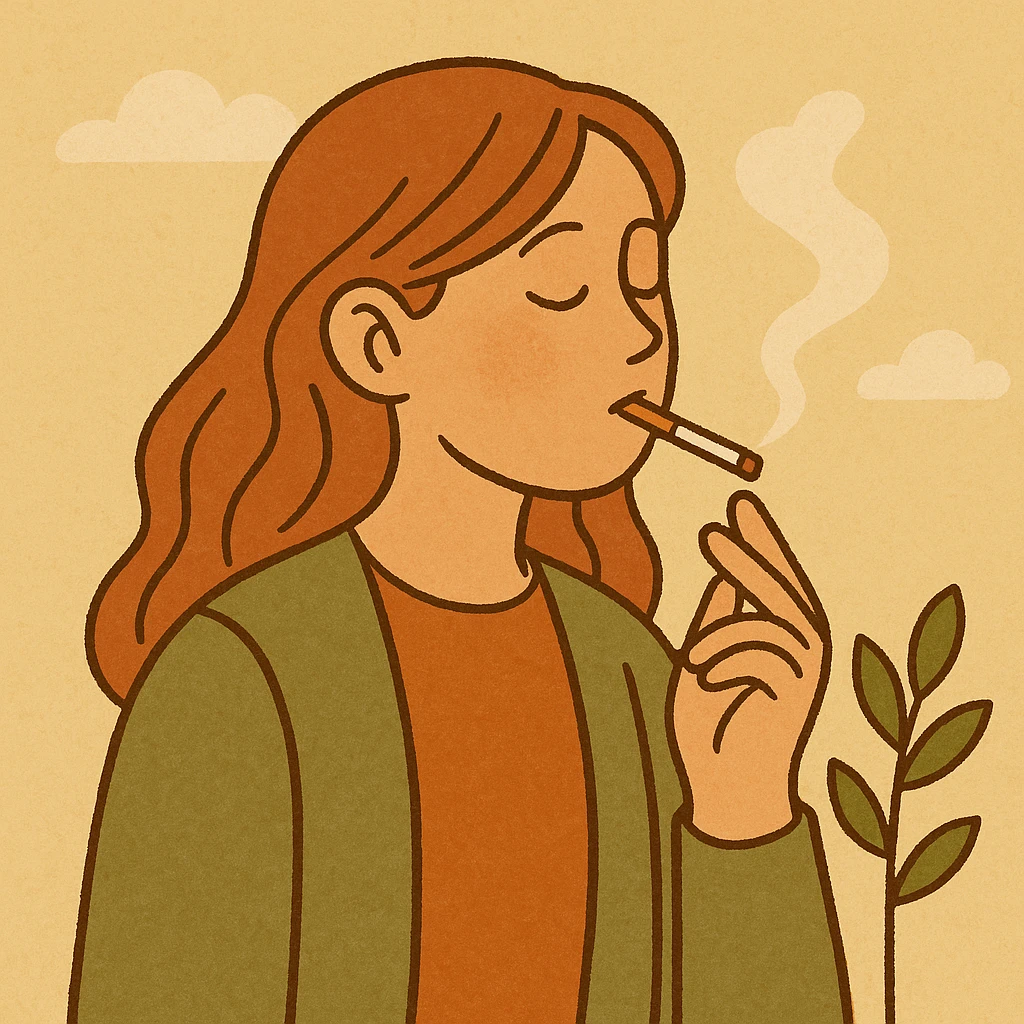 a girl smoking, modern illustration style, flat warm colors, clean lines, expressive emoji
