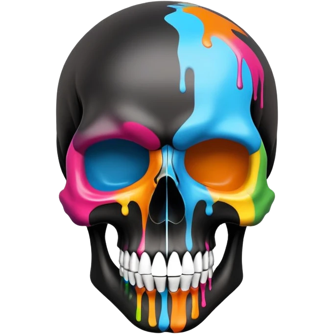 sleek black skull with colorful graffiti paint and brand logos contained within the skull shape, no drips extending beyond the skull outline, front view emoji