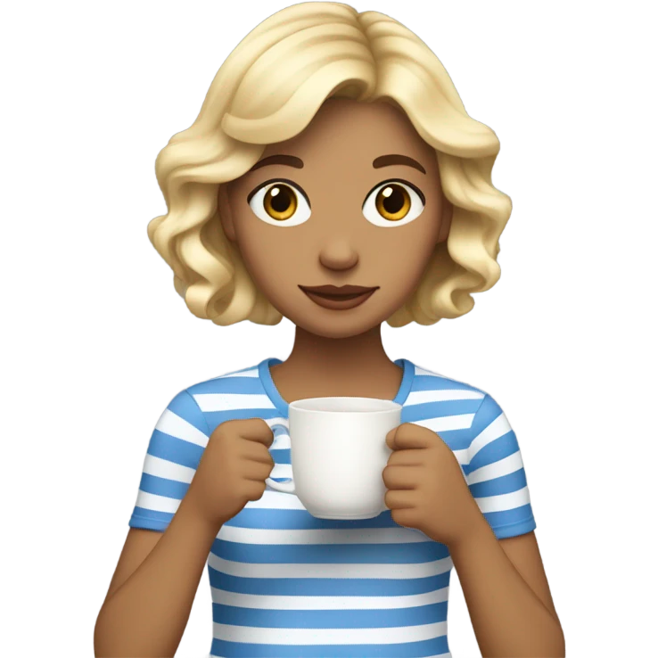 Blond girl with bangs and wavy hair, in her 20s in a striped shirt drinking tea emoji