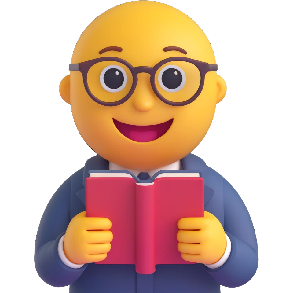 3D smiley emoji, round shape, librarian: wearing glasses, holding book, funny face emoji