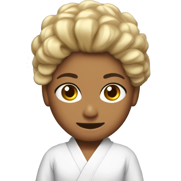 Genera un moreno cabello de cabello ondulado rapado en los lados  y ojos marrones claros, vestido con un uniforme de karate, con una cinta negra en la frente. emoji