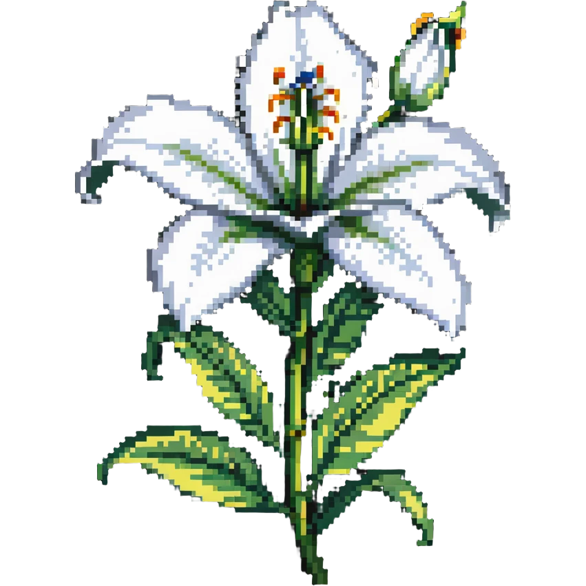 white lily flower with six petals, bud, and green leaves emoji