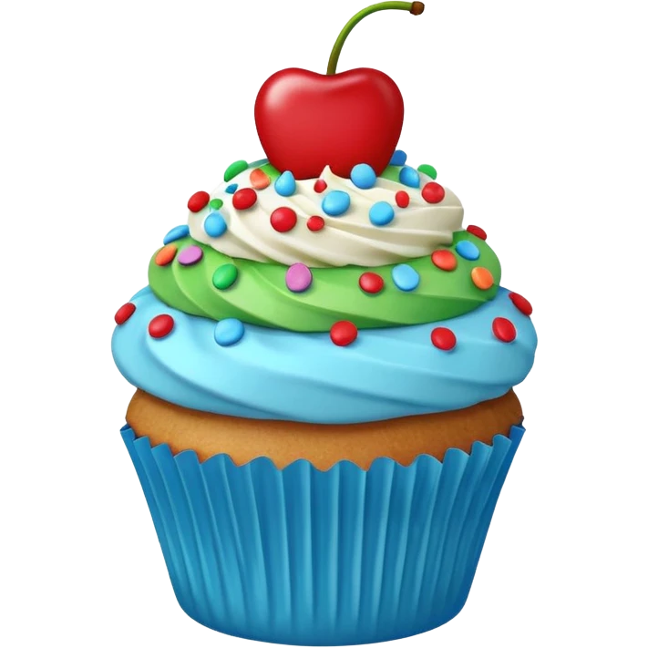 Cartoon Cupcake: blue cream, green paper, sprinkles with cherry on top  emoji
