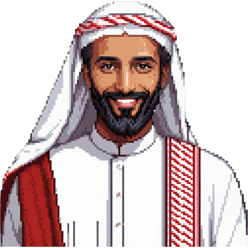 pixel art inspired Saudi man with wide beard, sharp facial features, white thobe, red shemagh, smiling warmly emoji