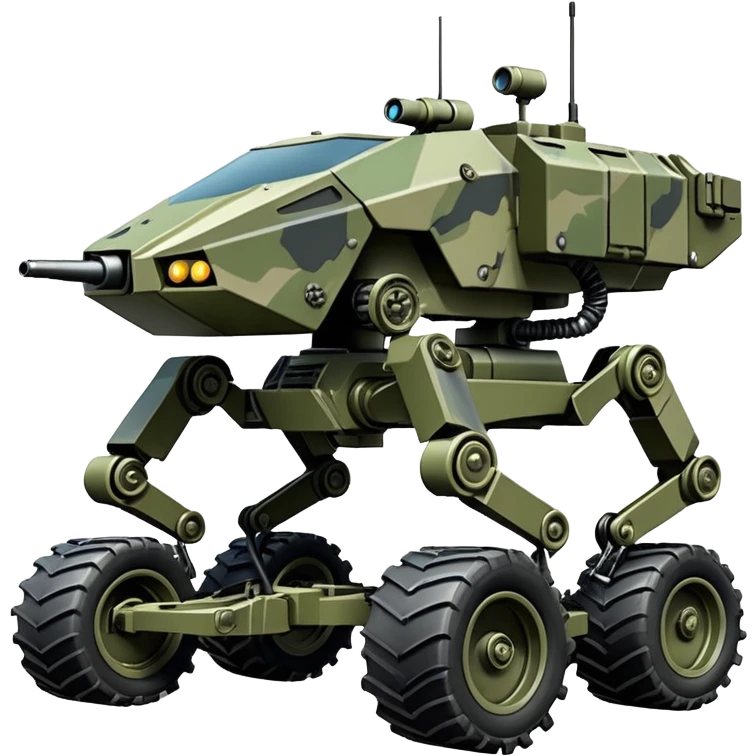 a roomy American 4-wheel armored personnel stealth camouflage army massive mech trail vehicle shooting forward side-hill leaning actively articulating hydraulic independent suspended pod gimbal enemy mech off-road racing rover with large fast engine RC basher crawler megatron  emoji