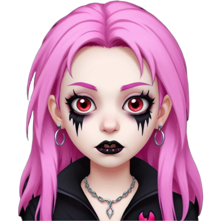 girl, pale black vampire, pink hair, very long, shaggy, dark, spooky,double eyebrow dermal piercing, creepy expression emoji