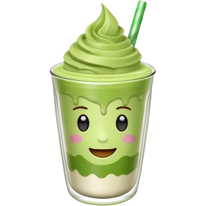 Emoji glossy 3D de un vaso de matcha latte, vaso de vidrio transparente con matcha espumoso verde pastel, capas suaves de leche y matcha, brillo intenso tipo sticker, sombras delicadas, fondo transparente, estilo cute moderno, alta calidad emoji