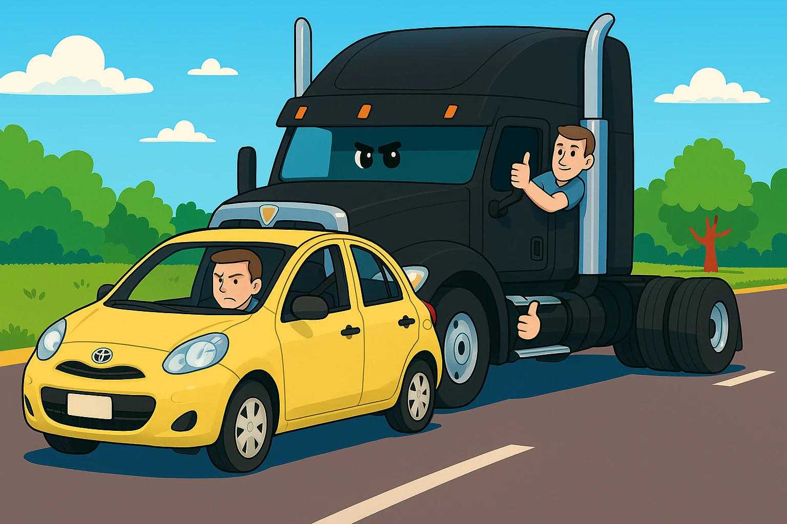 Add a person in the black semi truck with their arm out the window. Keep the scene bright and vibrant, with a person in the car in front. emoji