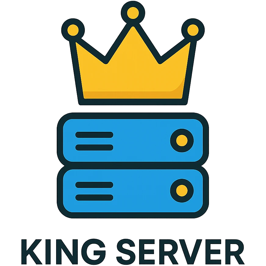 King Server brand logo, modern, bold, with a crown and server icon, color icon style, clean lines, vibrant colors, no text emoji