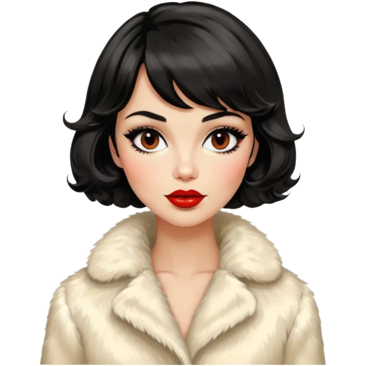 Alluring 1960's mod French girl french shiny black wavy textured bob haircut tousled hair red lips wearing cream fur coat emoji