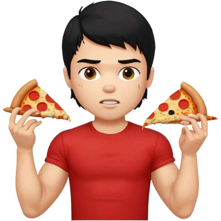 generate a pretty fair bratz boy with a messy mullet (black hair), wearing a red tshirt. eating pizza. He has big biceps and ripped emoji