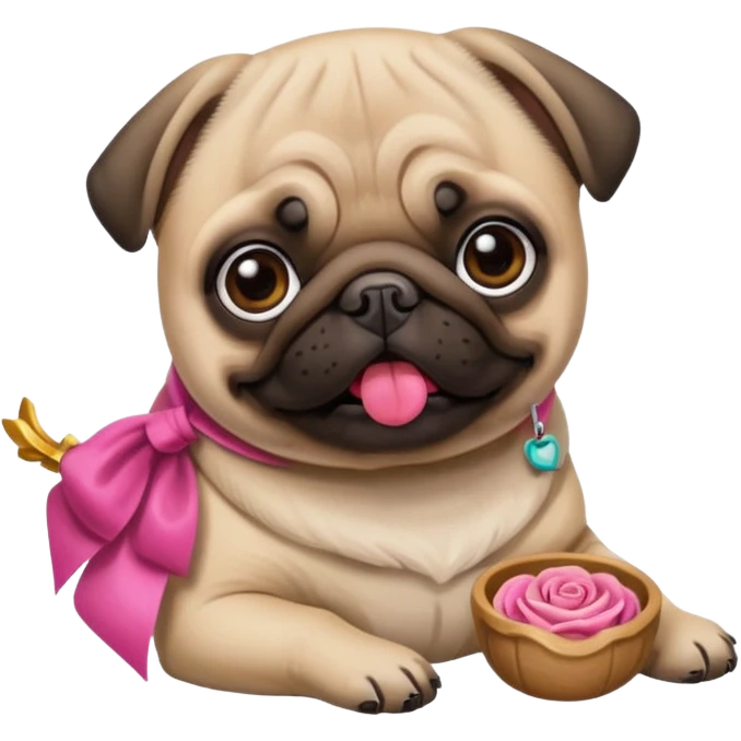 Pug com laço Rosa comendo ração emoji