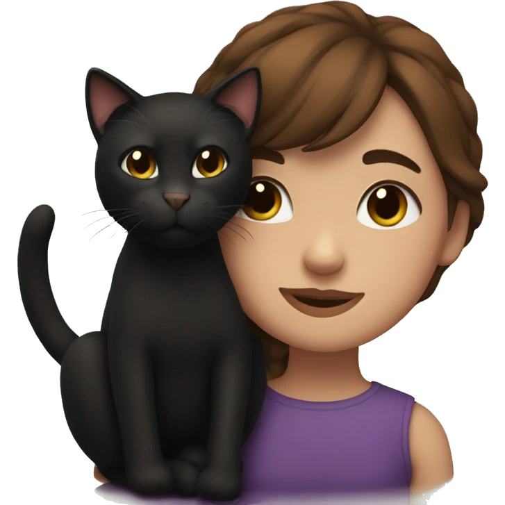 Girl with brown hair snuggles with here black cat emoji