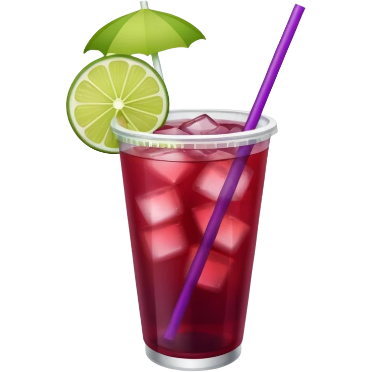maroon purple cocktail with a lime wedge in the drink in a plastic cup with lid and straw  emoji