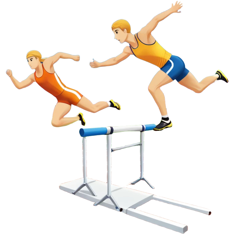 A collage of track and field equipment: a starting block, javelin, hurdle, discus, and high jump bar, symbolizing various disciplines. The background features a vibrant stadium with a running track, field events area, and cheering crowds.  emoji