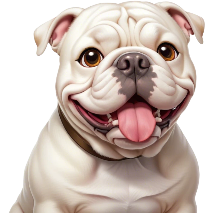 Cinematic Comical White English Bulldog Portrait Emoji, Head tilted dramatically with an exaggeratedly amused expression, featuring a striking pure white coat with a subtle sheen, wide, expressive brown eyes filled with playful disbelief, Simplified yet hilariously expressive features, highly detailed, glowing with a slightly sassy glow, high shine, dramatic yet playful, stylized with an air of cheeky defiance, bright and endearing, soft glowing outline, capturing the essence of a spirited and over-the-top guardian, so meme-worthy it feels like it could side-eye its way into internet fame instantly! emoji