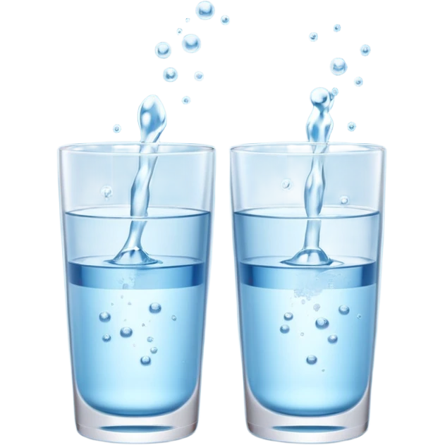 3D illustration of two glasses of water — cold ❄️ and hot 🔥. Particles dissolving faster in hot water, slower in cold. Minimalist, clean, bright, modern 3D icon style. emoji