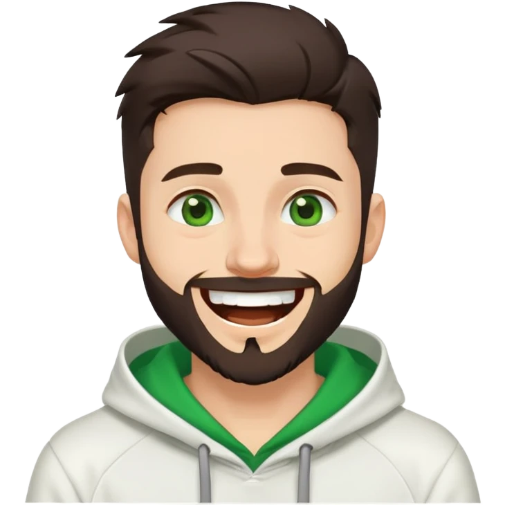 laughing guy with white hoodie, green eyes, dark brown undercut hairstyle and a short full beard emoji