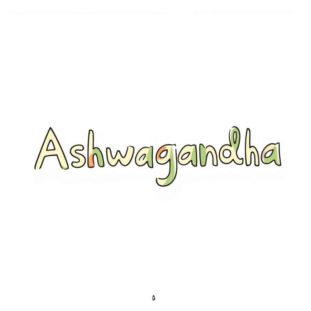 The word "Ashwagandha" hand-drawn in white/cream colored text with just a few green and orange accents. Simple doodle style. emoji