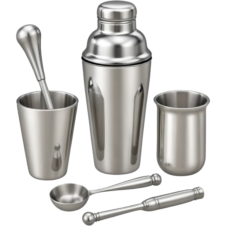 A metal shaker set including a shaker, jigger, and muddler neatly placed on the counter.
 emoji