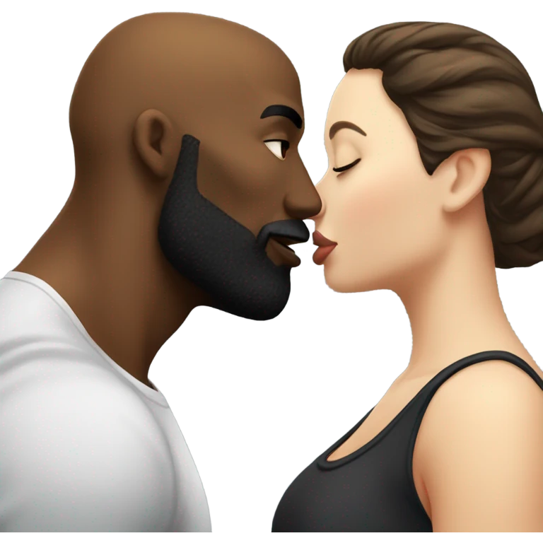 Curvy White brunette kissing muscular black bald man with beard emoji