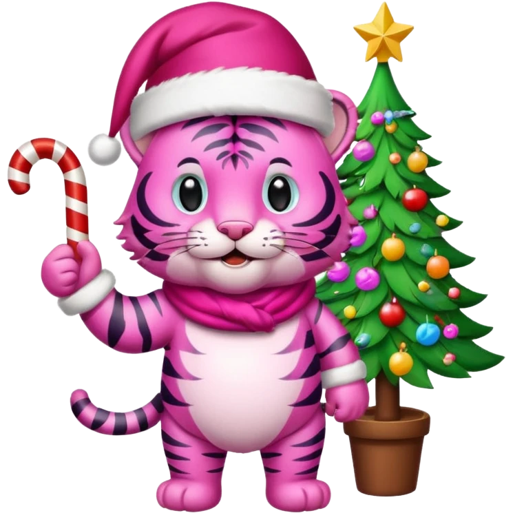Pink tiger with Santa hat and candy cane and thumbs up, sitting by a brightly lit colorful Christmas tree emoji