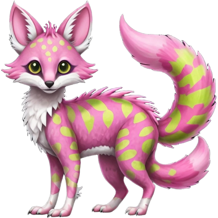 Feral Rare Fantasy   vivid tropical mango-lime-pink splash-patterned silky fur Vernid-Sergal-Genet-Trico-species by LiLaiRa, random markings, tufted tail, tufted ears, full body emoji