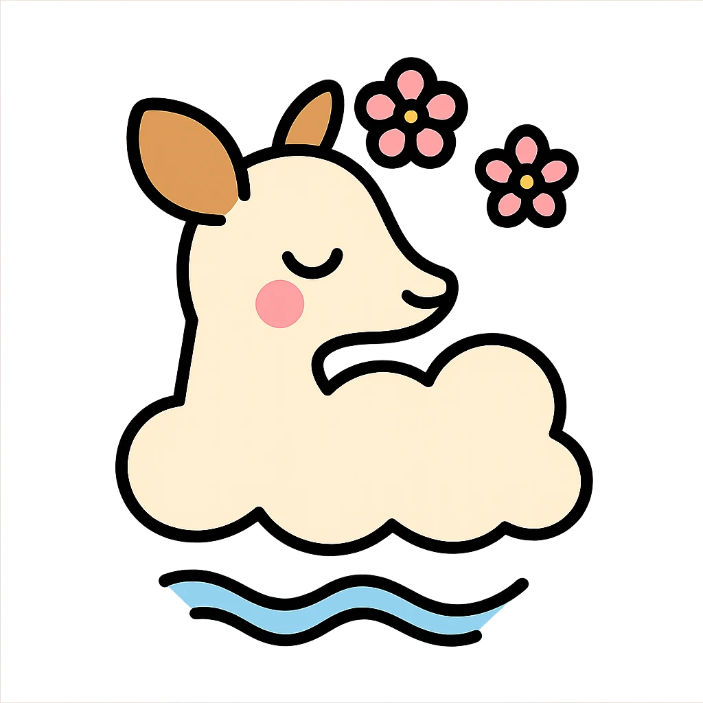 feminine adult vanilla cloud doe with rosy cheeks and cherry flowers, floating gracefully, minimalist style, brand identity, social media emoji