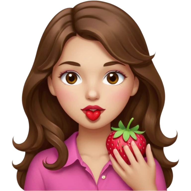 girl with long wavy brown hair, brown eyes, light to medium complexion, in a pink shirt, pink lips, long lashes, sexy , puckering lips kissing, blushing, eating a strawberry sexy emoji