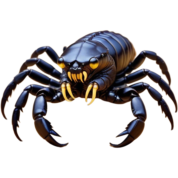 Cinematic Comical Emperor Scorpion Portrait Emoji, Head tilted dramatically with an exaggeratedly amused expression, featuring a striking, glossy exoskeleton with boldly defined pincers and wide, expressive eyes filled with playful disbelief, Simplified yet hilariously expressive features, highly detailed, glowing with a slightly sassy glow, high shine, dramatic yet playful, stylized with an air of cheeky desert mischief, soft glowing outline, capturing the essence of a spirited and over-the-top scorpion that feels like it could snap its pincers into internet fame instantly! emoji