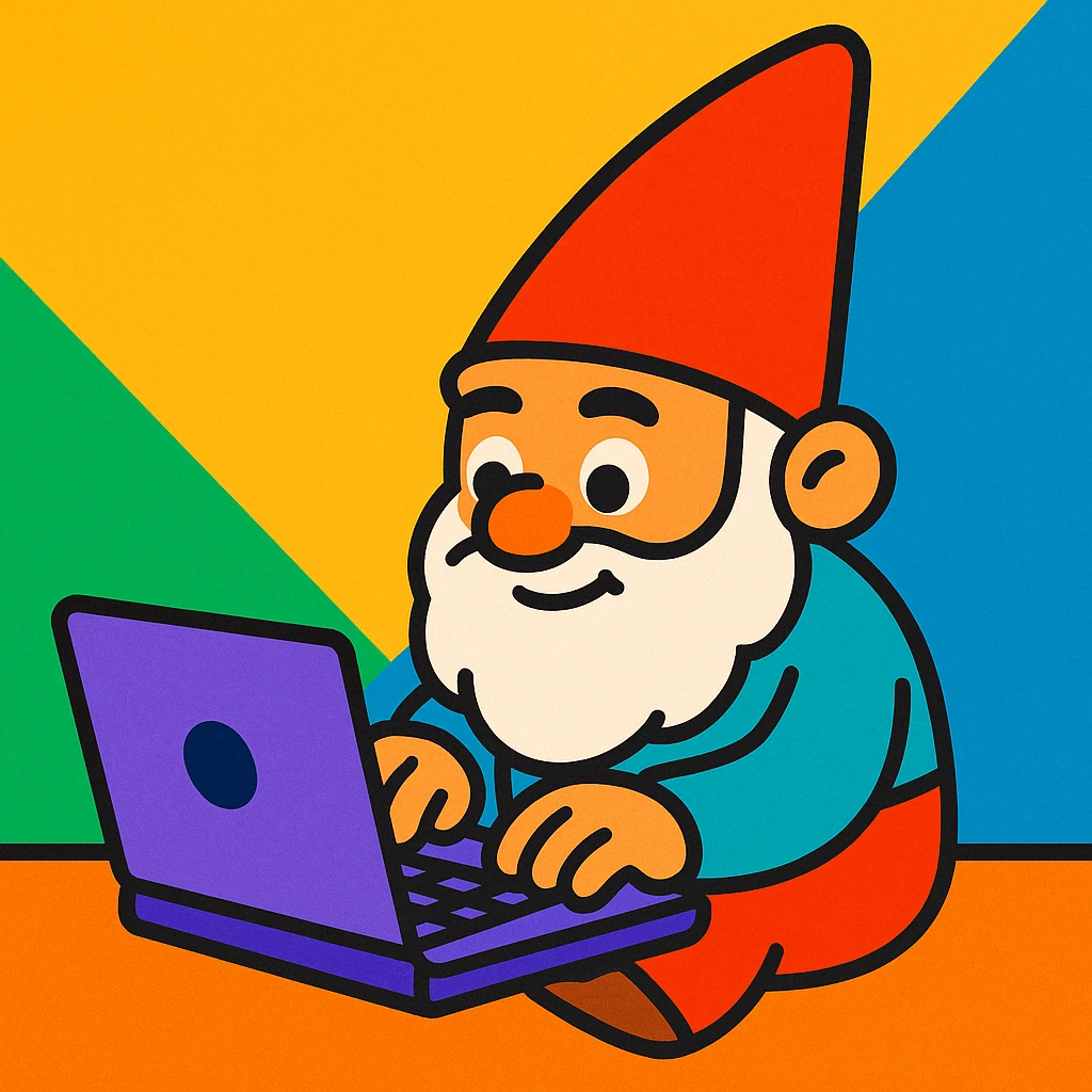 a gnome typing on a laptop, in a colorful, vibrant toon style emoji