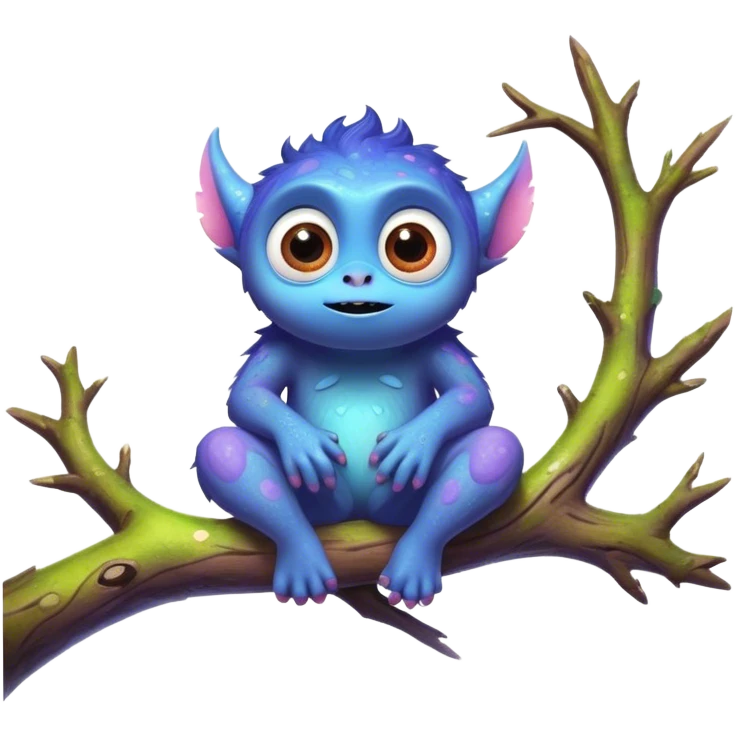 3D, create an image of a cartoon monster with big eyes sitting on a tree branch, thomas kinkade and paul lehr, pixar cute character design, by Anne Stokes, splashes of neon galaxies, adorably cute, drew struzan inspiration, 2019, by Wojciech Korneli Stattler, beautiful mattepainting emoji