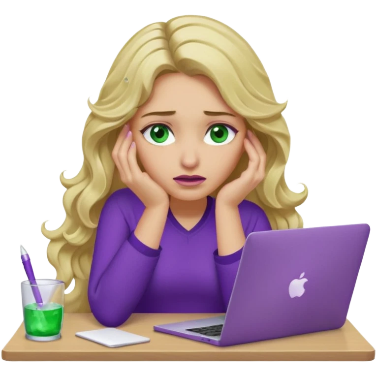 lady with long wavy blonde hair, purple top, green eyes, elbow on desk with hand on face, with a purple mac laptop tears rolling down her face as shes sick. emoji