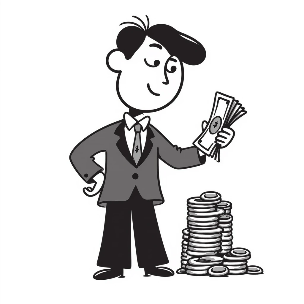 billionaire character wearing a suit and tie with a confident smile holding a stack of money or gold emoji