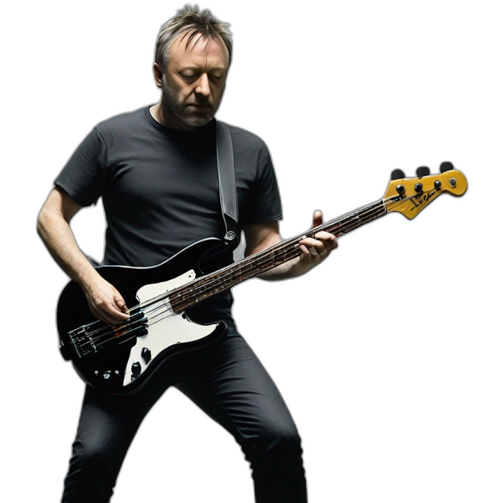 photo realistic, Peter Hook from Joy Division, in 1979, playing, Yamaha black bass guitar, standing up, full body, front view emoji