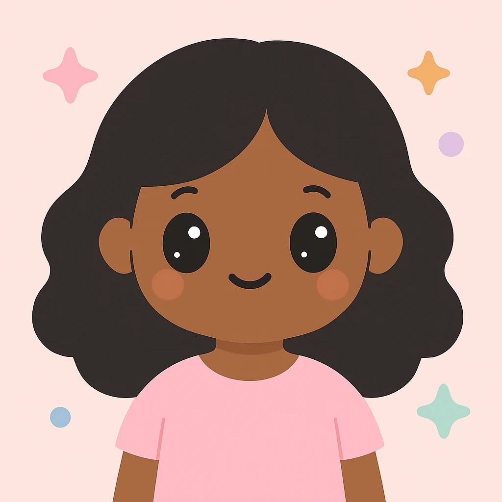 Make the black wavy hair arm length, keep the brown girl and cute light pink shirt, kawaii style emoji