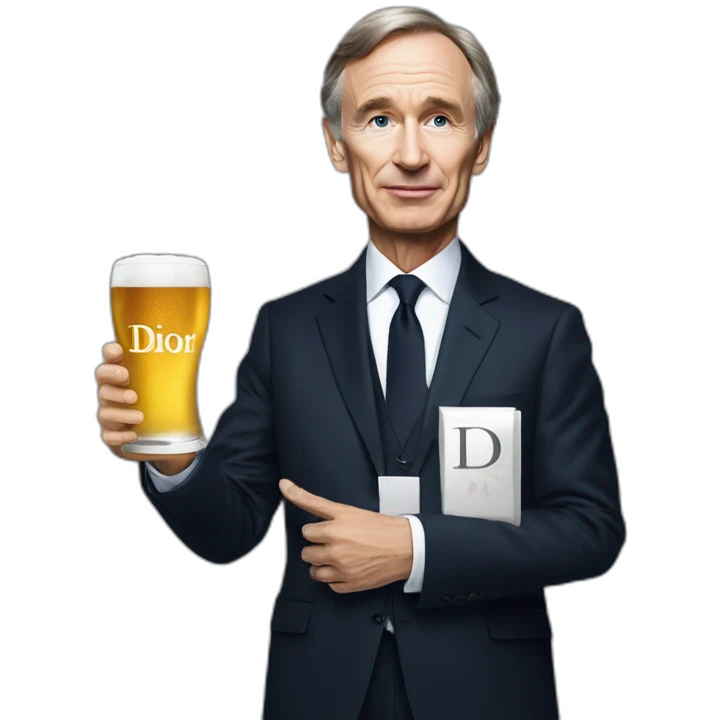 Bernard Arnault holding Dior sign and beer emoji