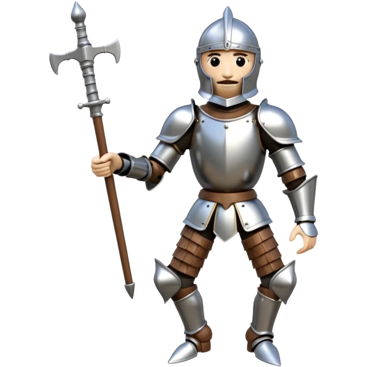 3D render of Knight Puppet as a wooden marionette puppet, Painted silver wood armor, strings, silver metal screw joints at elbows and knees, polished brown wood texture, rigid toy pose, emoji style, isolated on white background --v 6.0. emoji