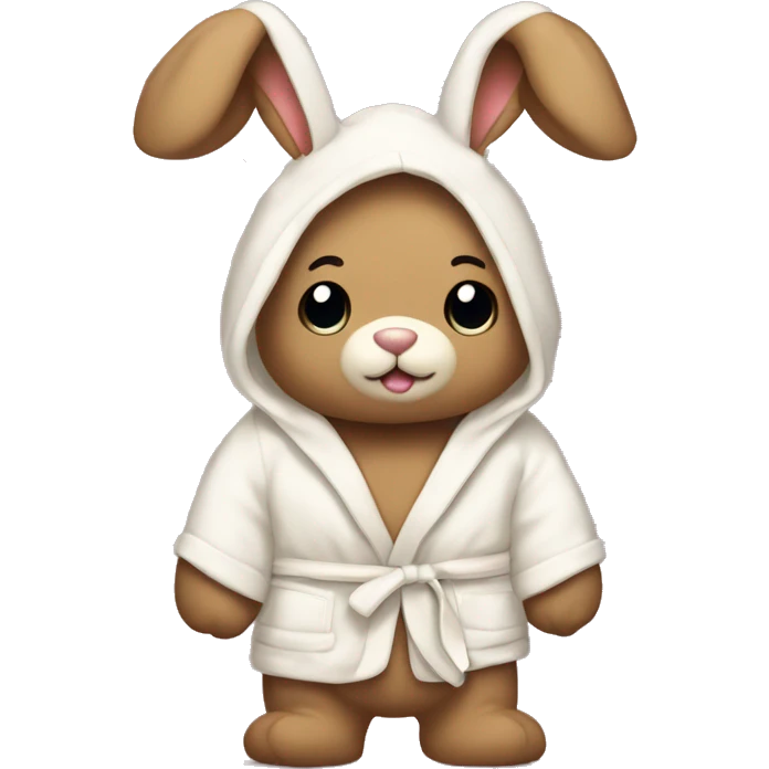 teddy bear that’s wearing a cream bunny dressing gown with the hood up with bunny ears emoji