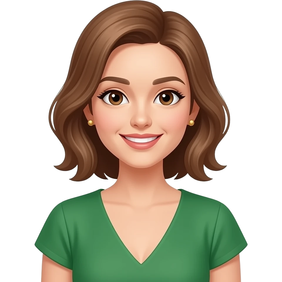 beauty, woman, gold stud earrings, brown eyes, green v neck dress, smiling, light brown hair, hairstyle emoji