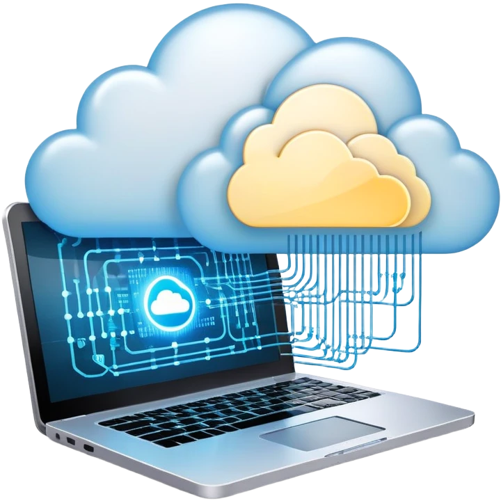 An icon featuring a glowing laptop, cloud network, and flowing binary code, symbolizing information technology. The design includes data servers, a circuit pattern, and digital connections, representing software, networking, and innovation. Transparent background  emoji