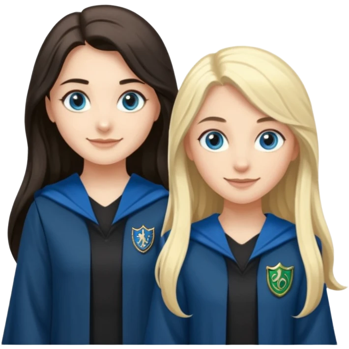 a pretty ravenclaw girl with long dark brown hair and blue eyes standing with a hot Slytherin girl with long blonde hair, blue eyes emoji