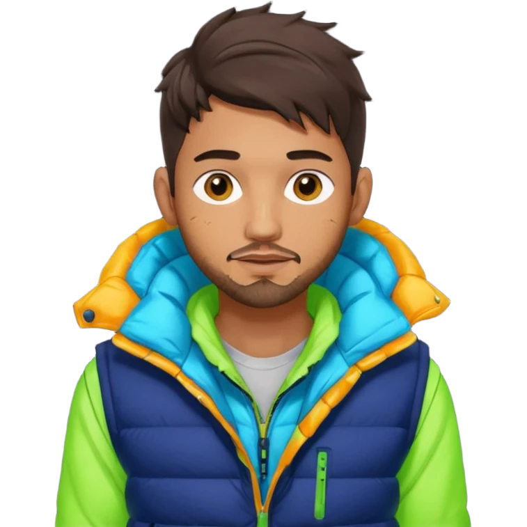 Cyberpunk street adult, hispanic, male, messy undercut, puffer vest over hoodie, glowing earpiece, light stubble, brown eyes, neon reflections emoji