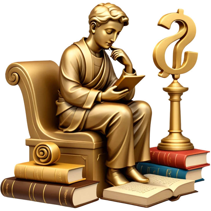 An icon featuring a thinker statue, a scroll, and a question mark, symbolizing philosophy. The design includes books, and abstract symbols representing deep thought and wisdom. Transparent background highlights the study of ideas, logic, and existential questions emoji