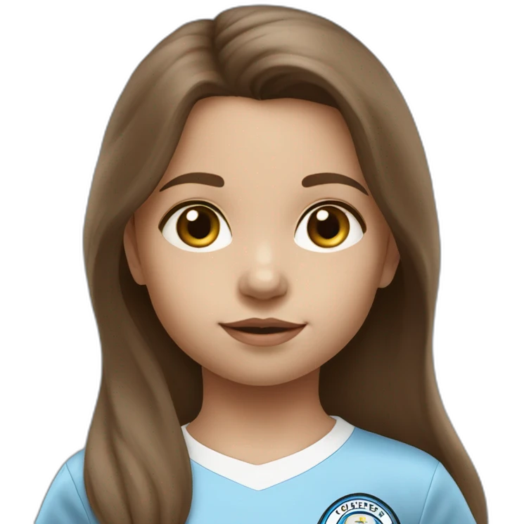 2 year old girl with long brown hair and eyes wearing Manchester City football shirt emoji