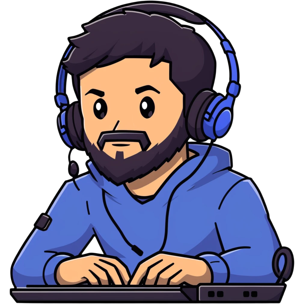 Detailed anime-style character with textured black hair, intense brown eyes, well-groomed black beard, and gaming headset with mic, dramatic anime lighting, detailed face emoji