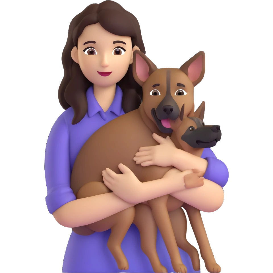 woman with long dark brown hair holding a Malinois dog in her arms emoji