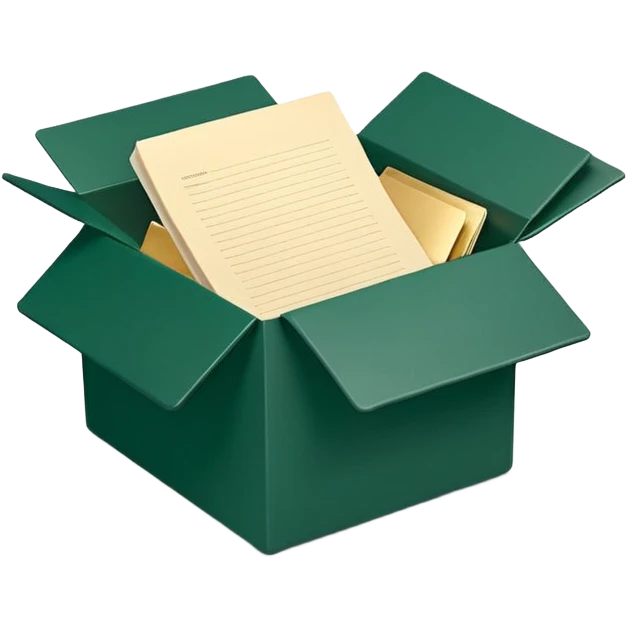 3D minimal open box with papers and documents floating out, matte finish, deep green (#0B3D2C) box, cream (#F5F5DC) papers, gold (#C9B037) subtle glow, Apple style, clean and premium, soft shadow, transparent background emoji