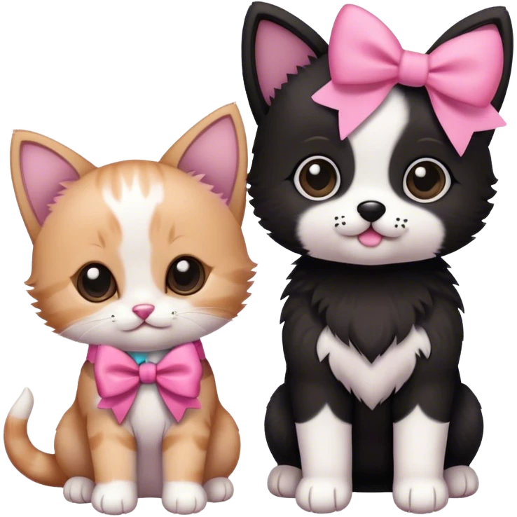 a kitten and a puppy together with a pink bow only one emoji